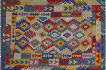 Flat Weave Kilim, Antique, Navaho, Vintage, Handmade, Geometric Kilim Ivory Blue Hand-Woven Rectangle 100% Wool Area Rug 5 x 6